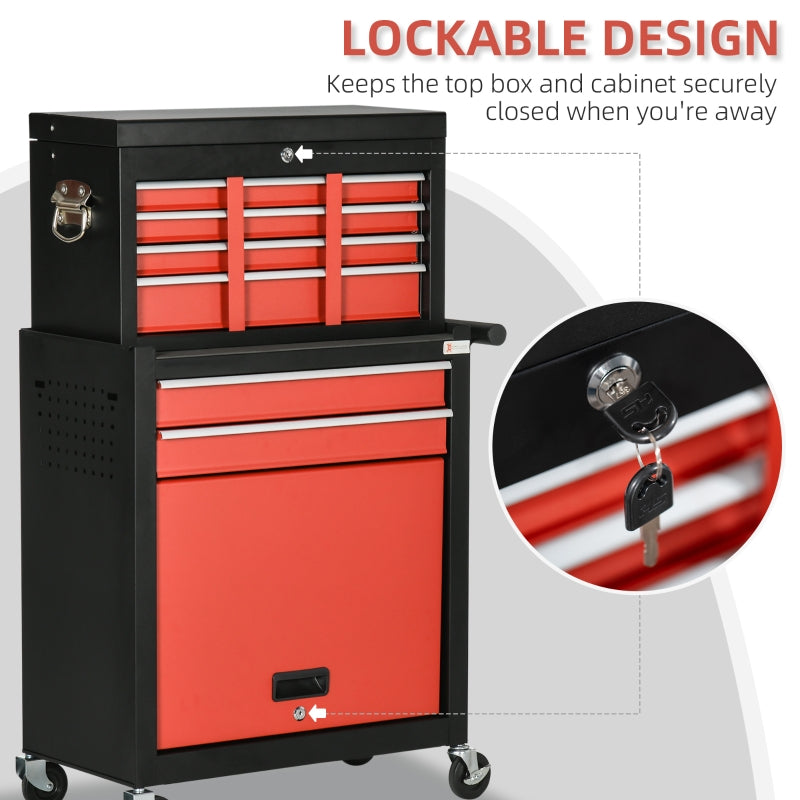 DURHAND Tool Cabinet Cart, Workshop Trolley on Wheels, 6 Drawer with Ball Bearing Slides, Lockable Roll Cab, Black and Red