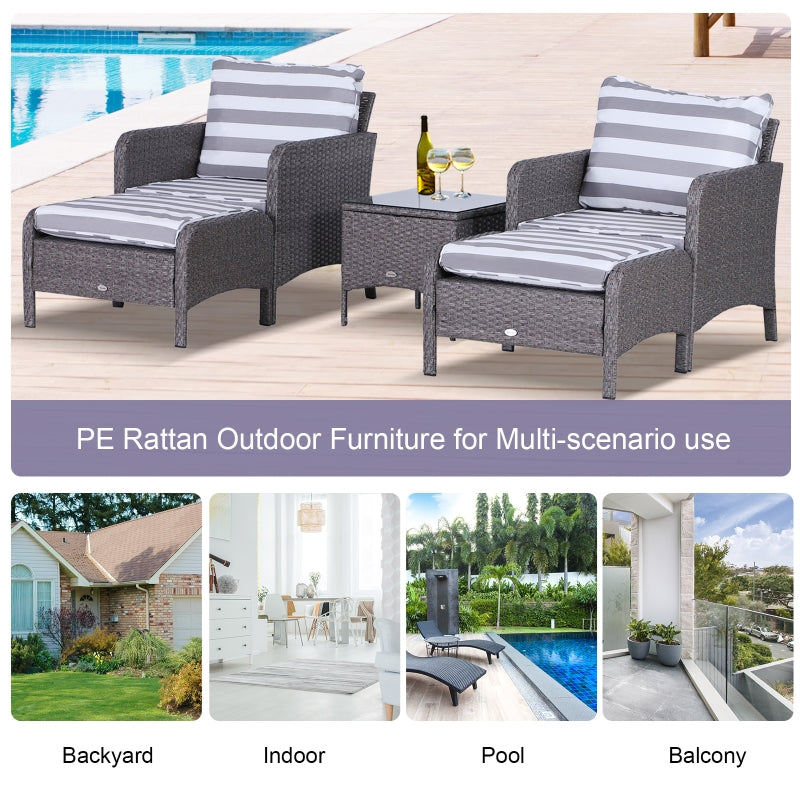 Outsunny 2 Seater PE Rattan Garden Furniture Set, 2 Armchairs 2 Stools Glass Top Table Cushions Wicker Weave Chairs Outdoor Seating