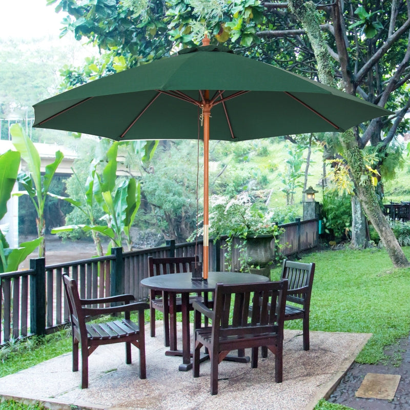 Outsunny 2.5m Wood Garden Parasol Sun Shade Patio Outdoor Market Umbrella Canopy with Top Vent, Dark Green