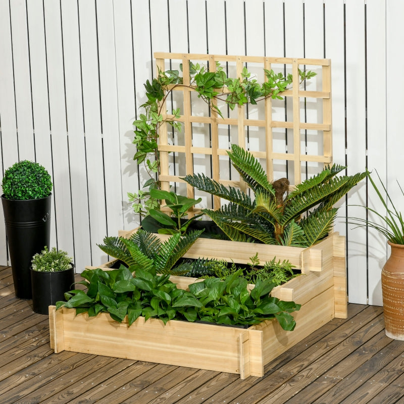 Outsunny 3 Tier Garden Planters with Trellis for Vine Climbing, Wooden Raised Beds, 95x95x110cm, Natural Tone