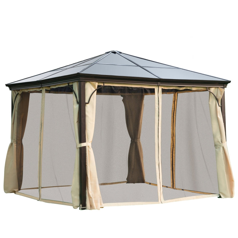 Outsunny 3 x 3(m) Hardtop Gazebo Canopy with Polycarbonate Roof and Aluminium Frame, Garden Pavilion with Mosquito Netting and Curtains, Brown