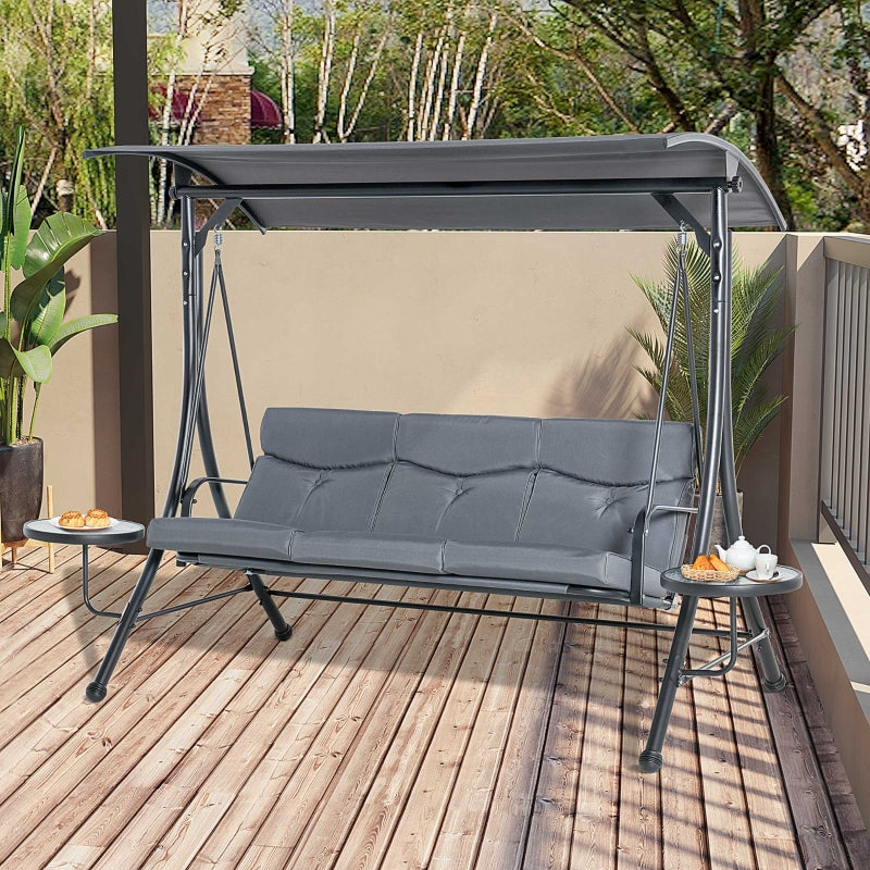 Outsunny 3 Seater Garden Swing Chair with Adjustable Canopy, Cushion and Coffee Tables for Outdoor Patio Garden Grey